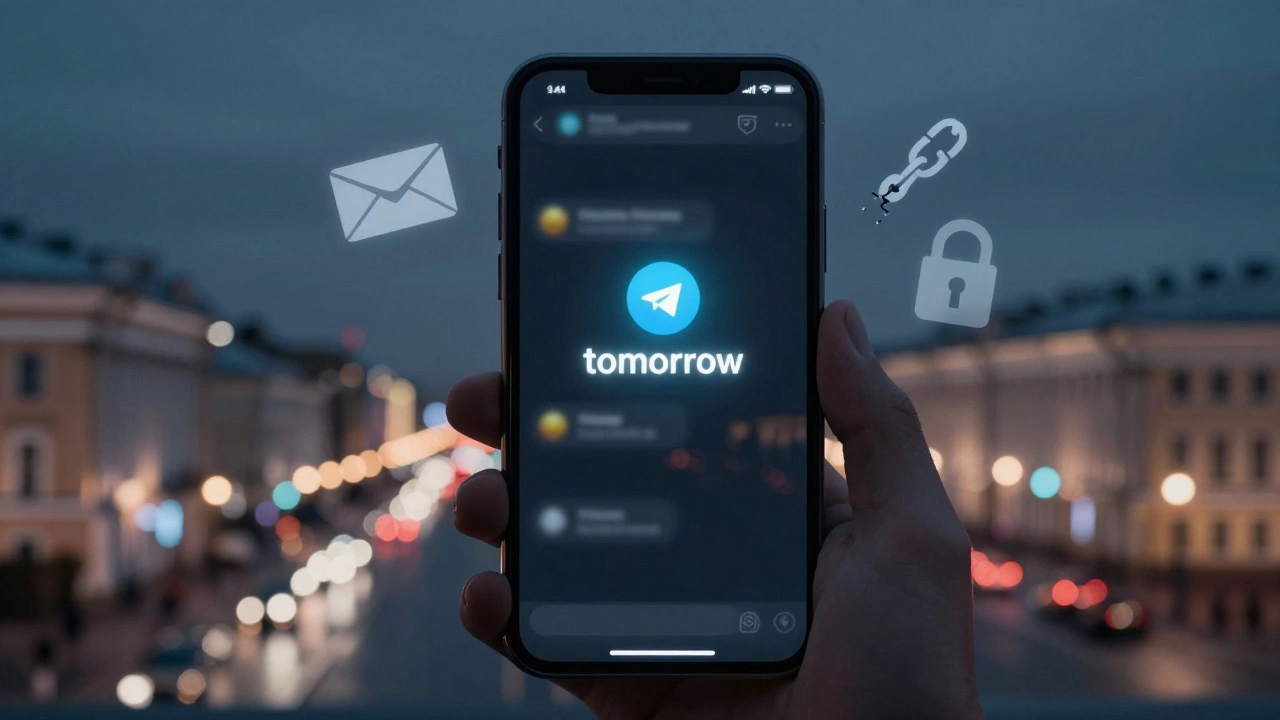 A smartphone screen displays a private Telegram chat with cash and lock icons, fading into a blurred Russian city at night.