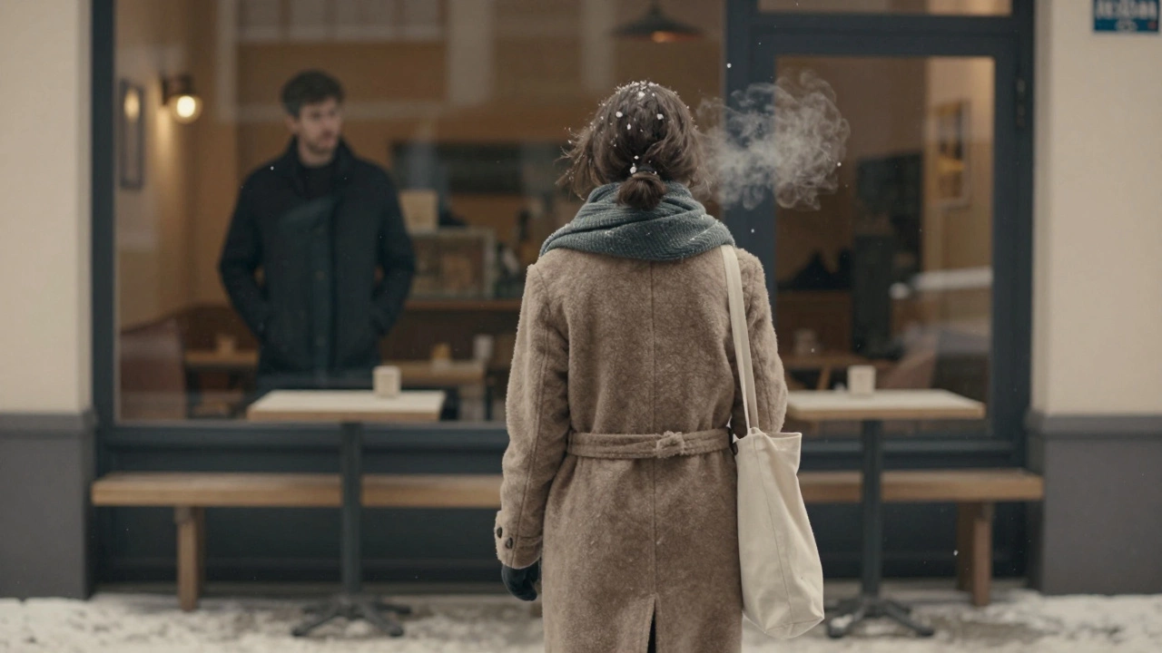 A woman walks away from a cafe in winter snow, a man watches from inside, evoking quiet solitude and unspoken connection.