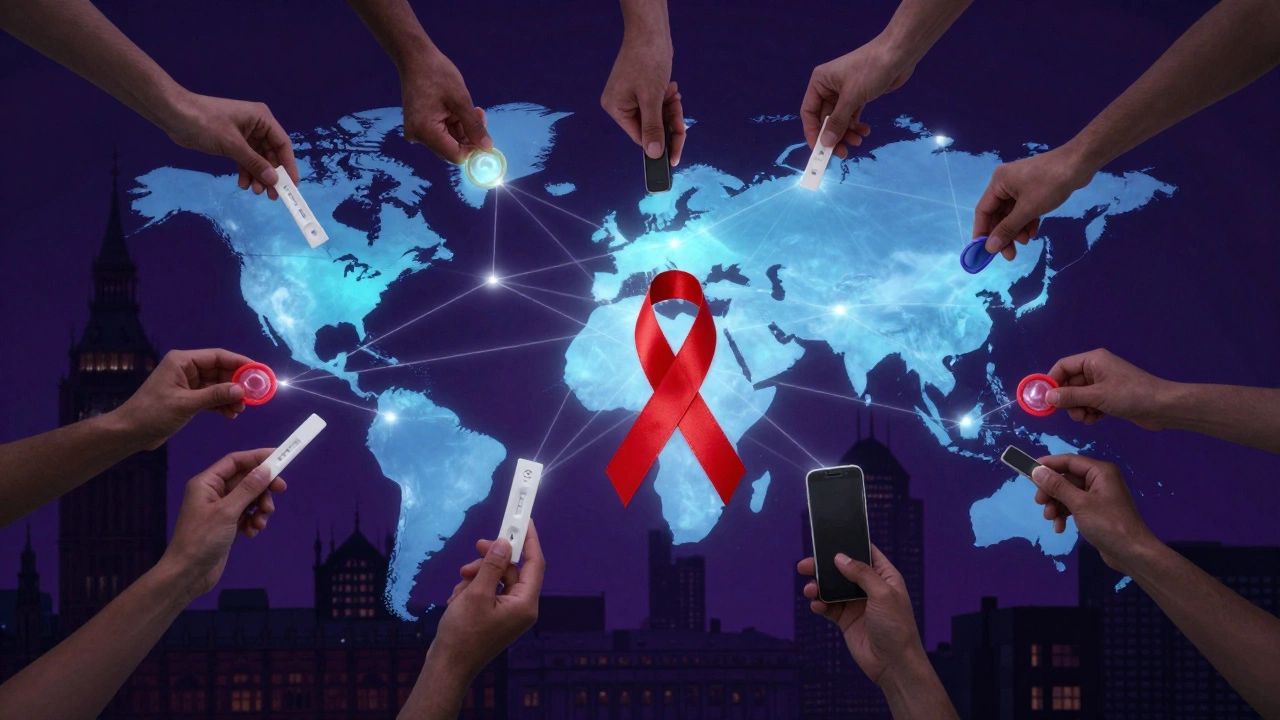 Global network of hands connected by light, symbolizing peer-led HIV prevention across cities.