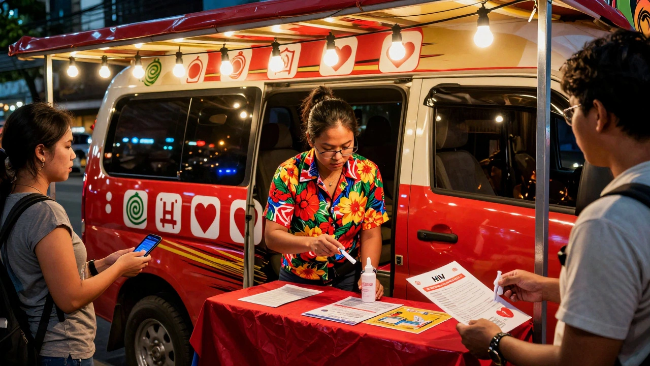 Mobile clinic in Bangkok where a sex worker administers an HIV test under string lights.